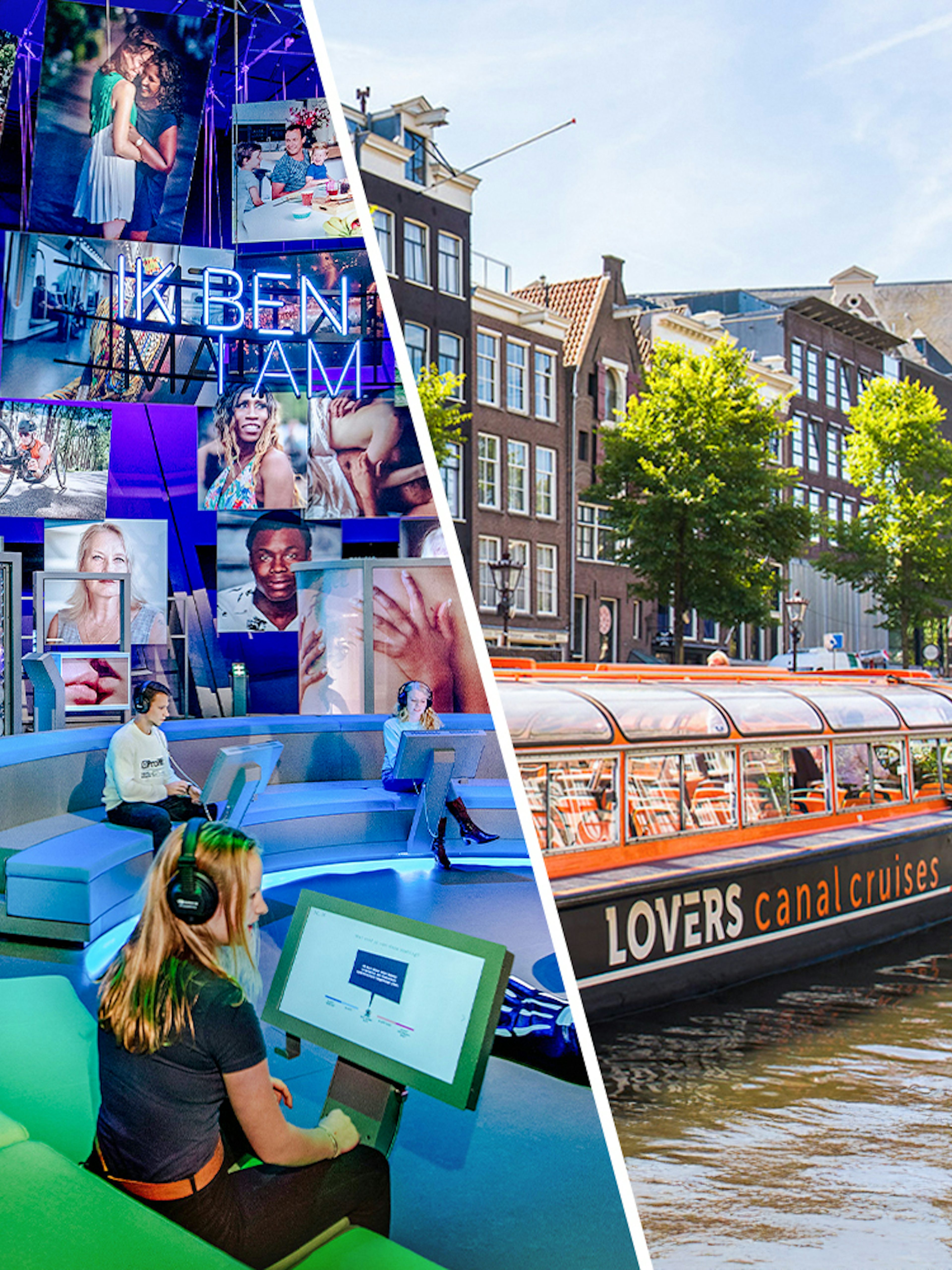 NEMO Science Museum interactive exhibit and Amsterdam canal cruise boat near historic buildings.