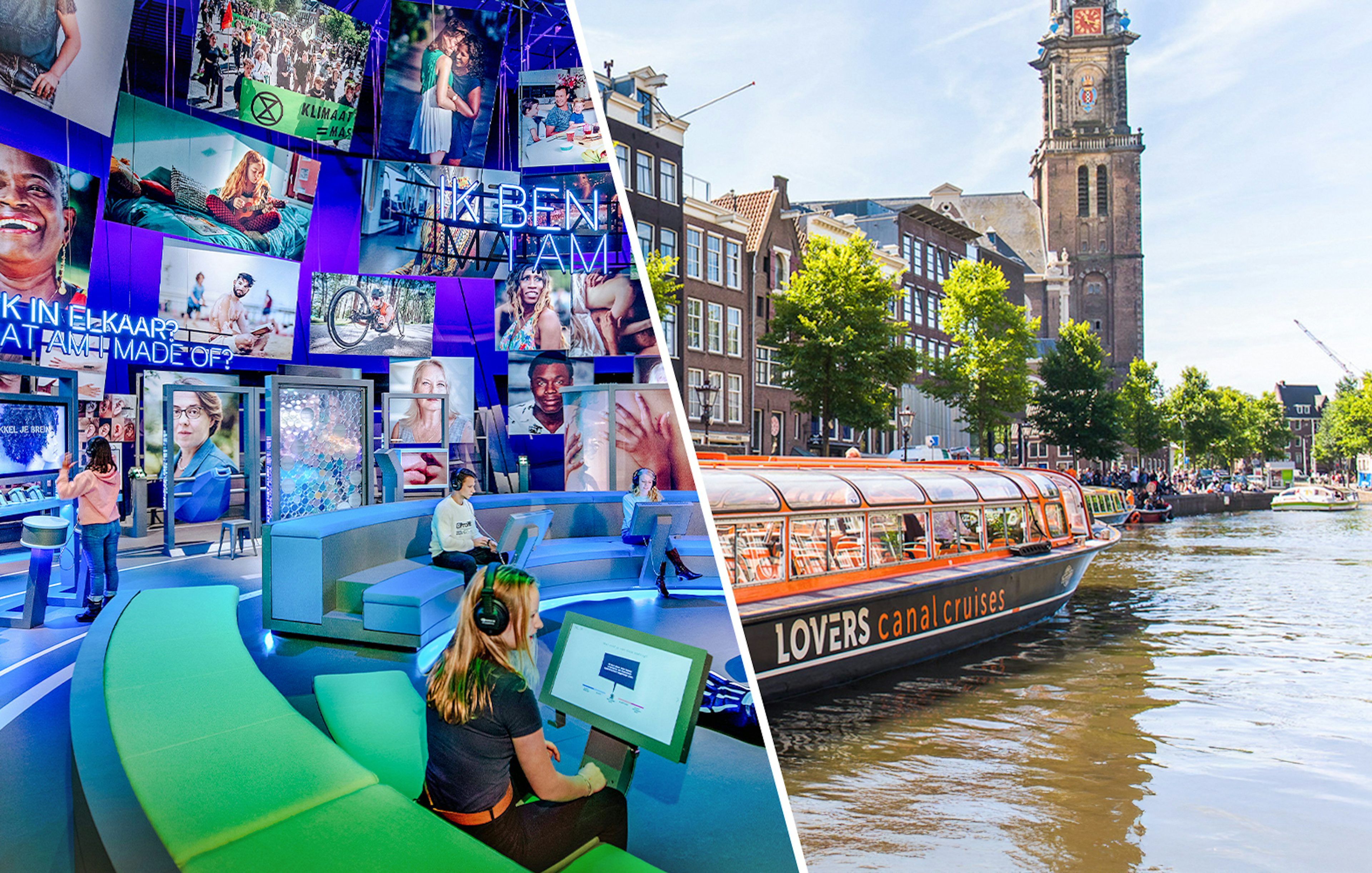 NEMO Science Museum interactive exhibit and Amsterdam canal cruise boat near historic buildings.