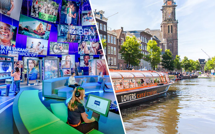 NEMO Science Museum interactive exhibit and Amsterdam canal cruise boat near historic buildings.