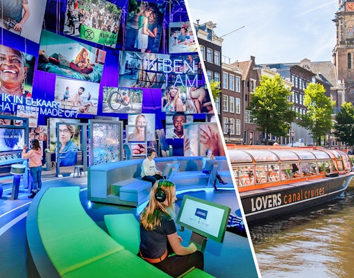 NEMO Science Museum interactive exhibit and Amsterdam canal cruise boat near historic buildings.
