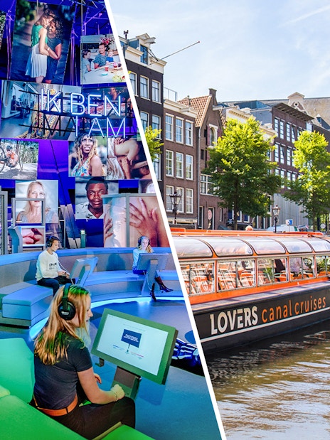 NEMO Science Museum interactive exhibit and Amsterdam canal cruise boat near historic buildings.