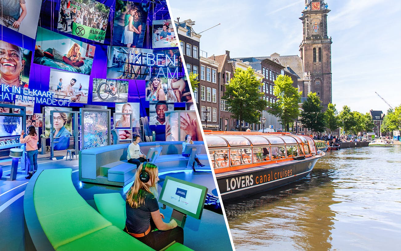 NEMO Science Museum interactive exhibit and Amsterdam canal cruise boat near historic buildings.