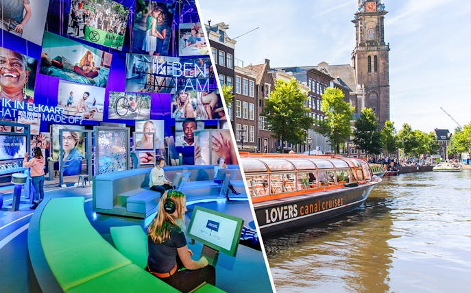 NEMO Science Museum interactive exhibit and Amsterdam canal cruise boat near historic buildings.