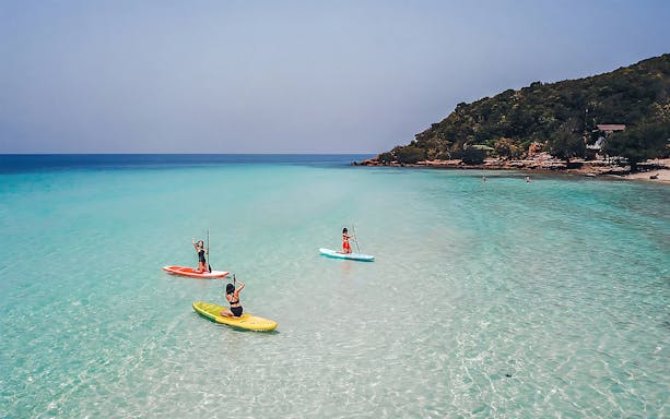 Paddleboarders on clear waters near a lush island, Pattaya day trip.