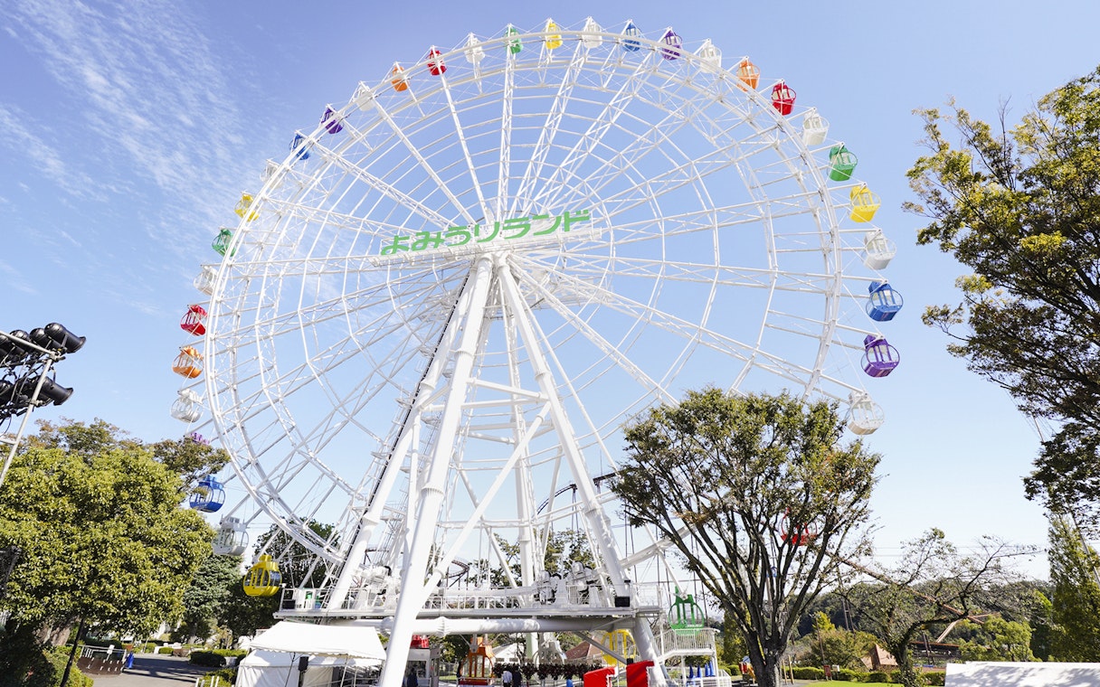 Giant Ferris wheel with colorful gondolas at Yomiuriland, Tokyo, under a clear blue sky.