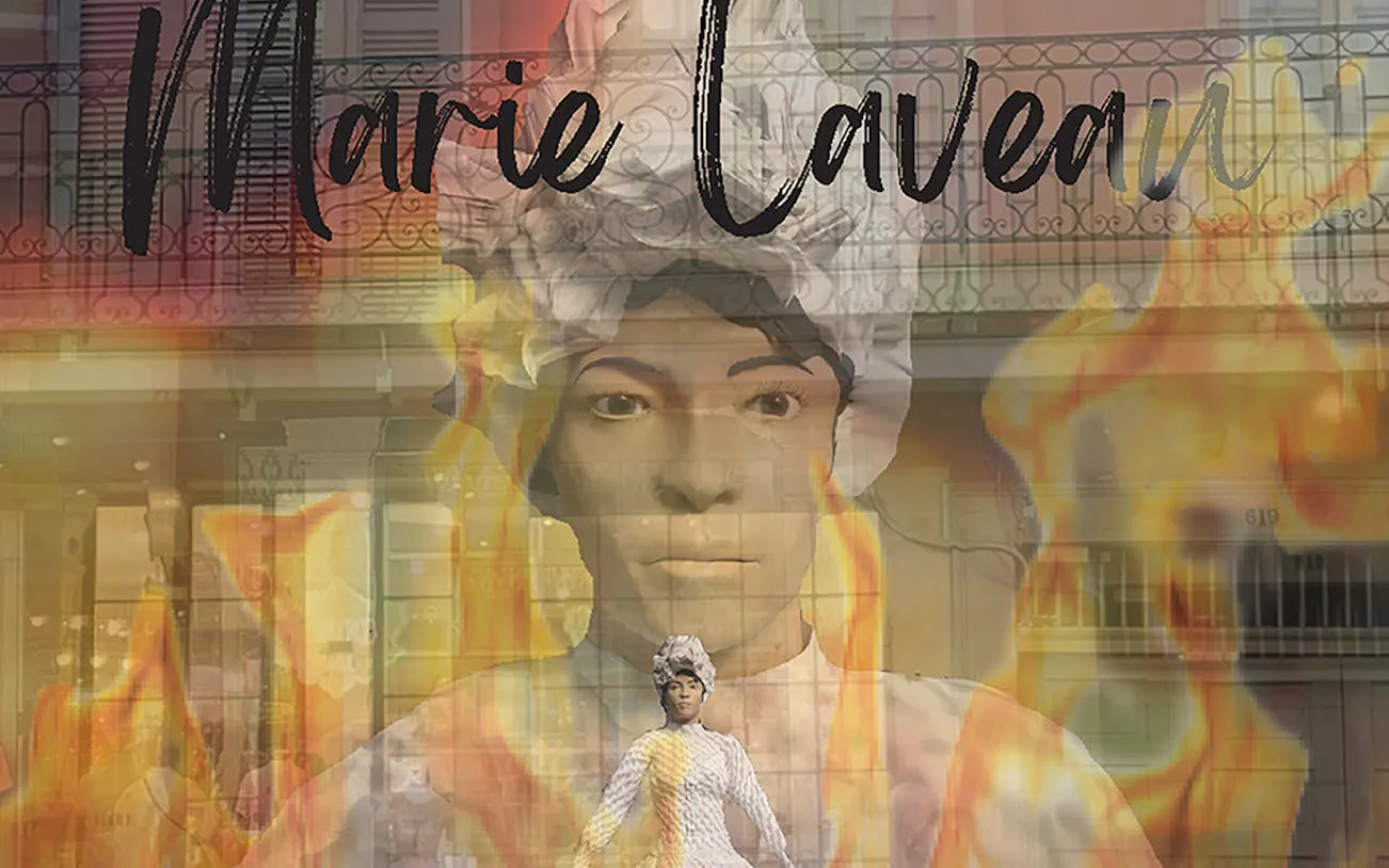 Marie Laveau imagery with flames, featured in New Orleans Interactive Ghosts and Spirits Walking Tour.