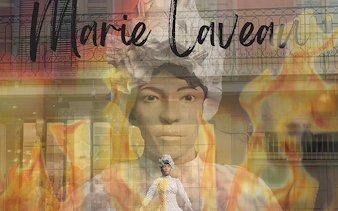 Marie Laveau imagery with flames, featured in New Orleans Interactive Ghosts and Spirits Walking Tour.
