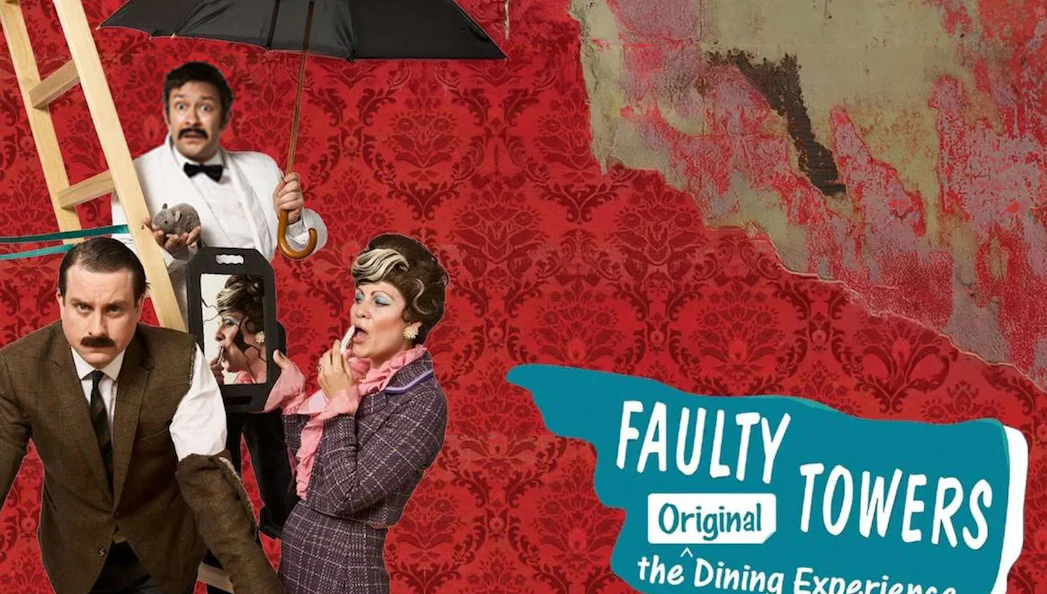 Faulty Towers Dining Experience cast in comedic poses with red wallpaper background.