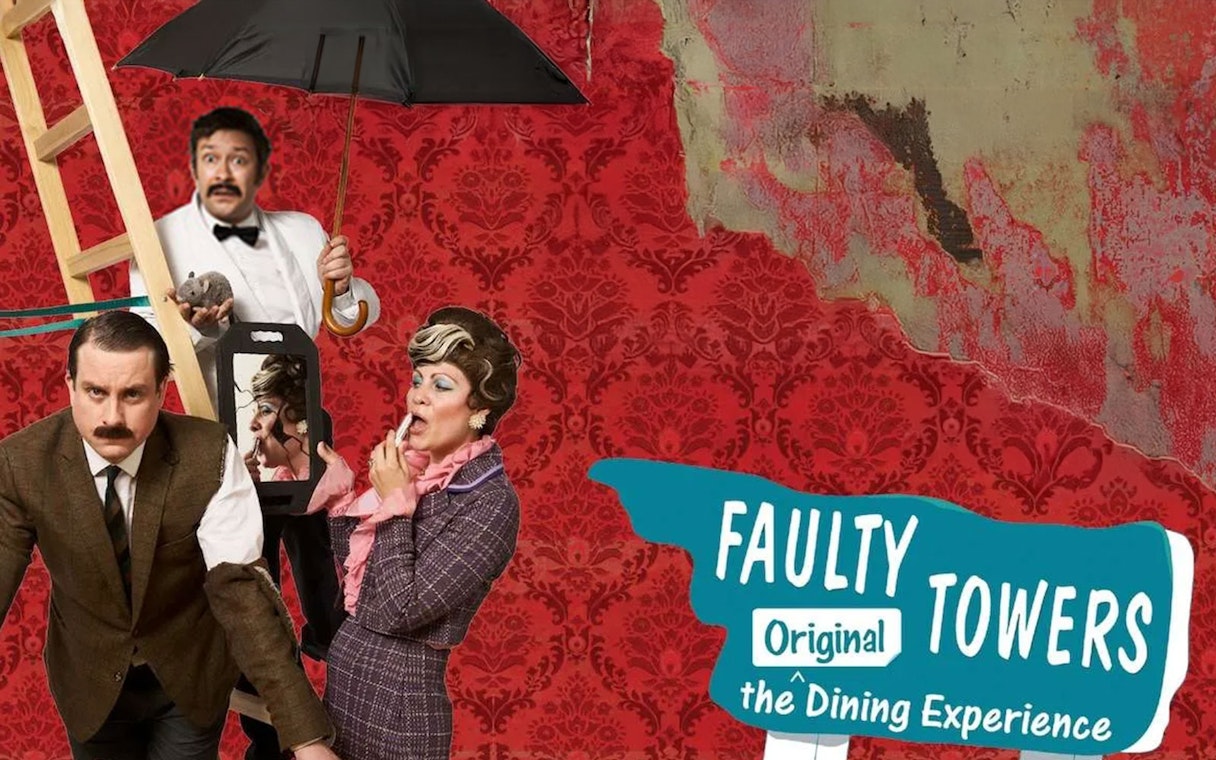 Faulty Towers Dining Experience cast in comedic poses with red wallpaper background.