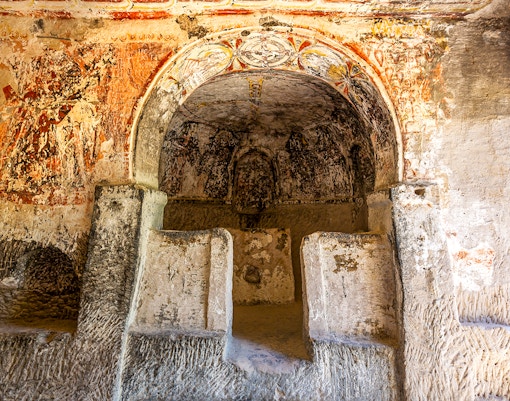 Keslik Cave Monastery interior with ancient frescoes in Soganli, Cappadocia.