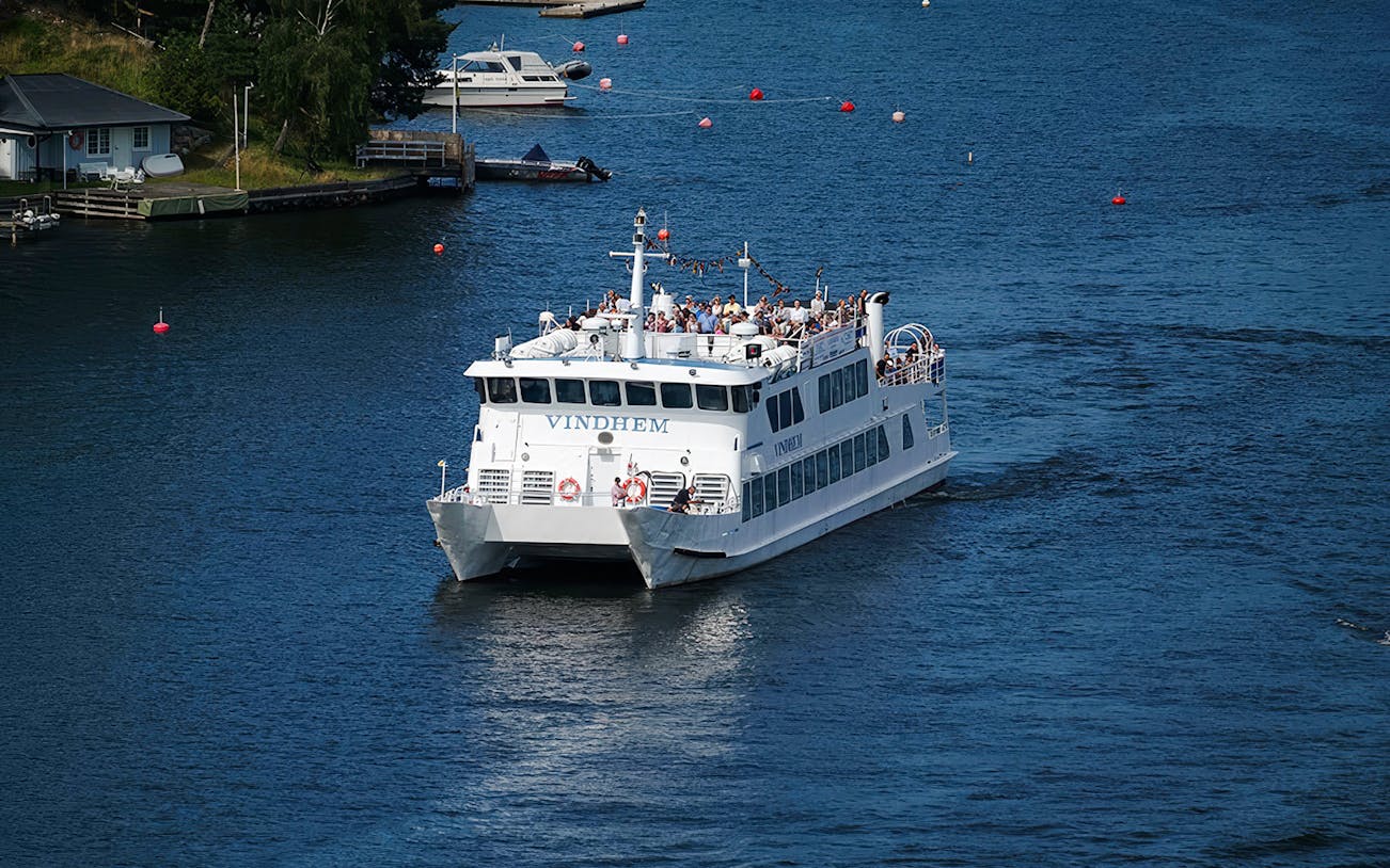 Ferry cruising through Stockholm archipelago, part of Swedish Fika tour.
