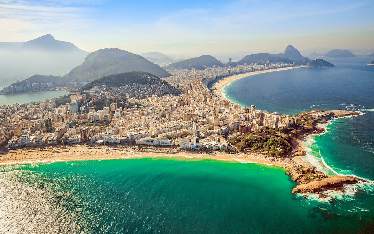 Aerial view of Copacabana and Ipanema beaches in Rio de Janeiro from a helicopter.