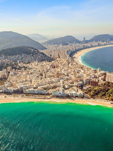 Aerial view of Copacabana and Ipanema beaches in Rio de Janeiro from a helicopter.