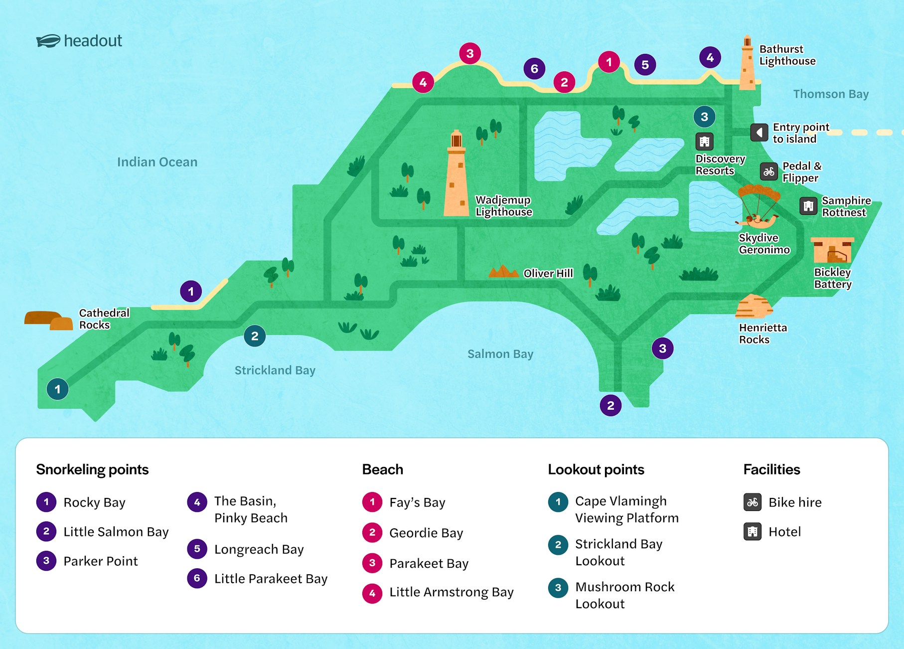 Rottnest Island map highlighting snorkeling spots, beaches, and lookouts.
