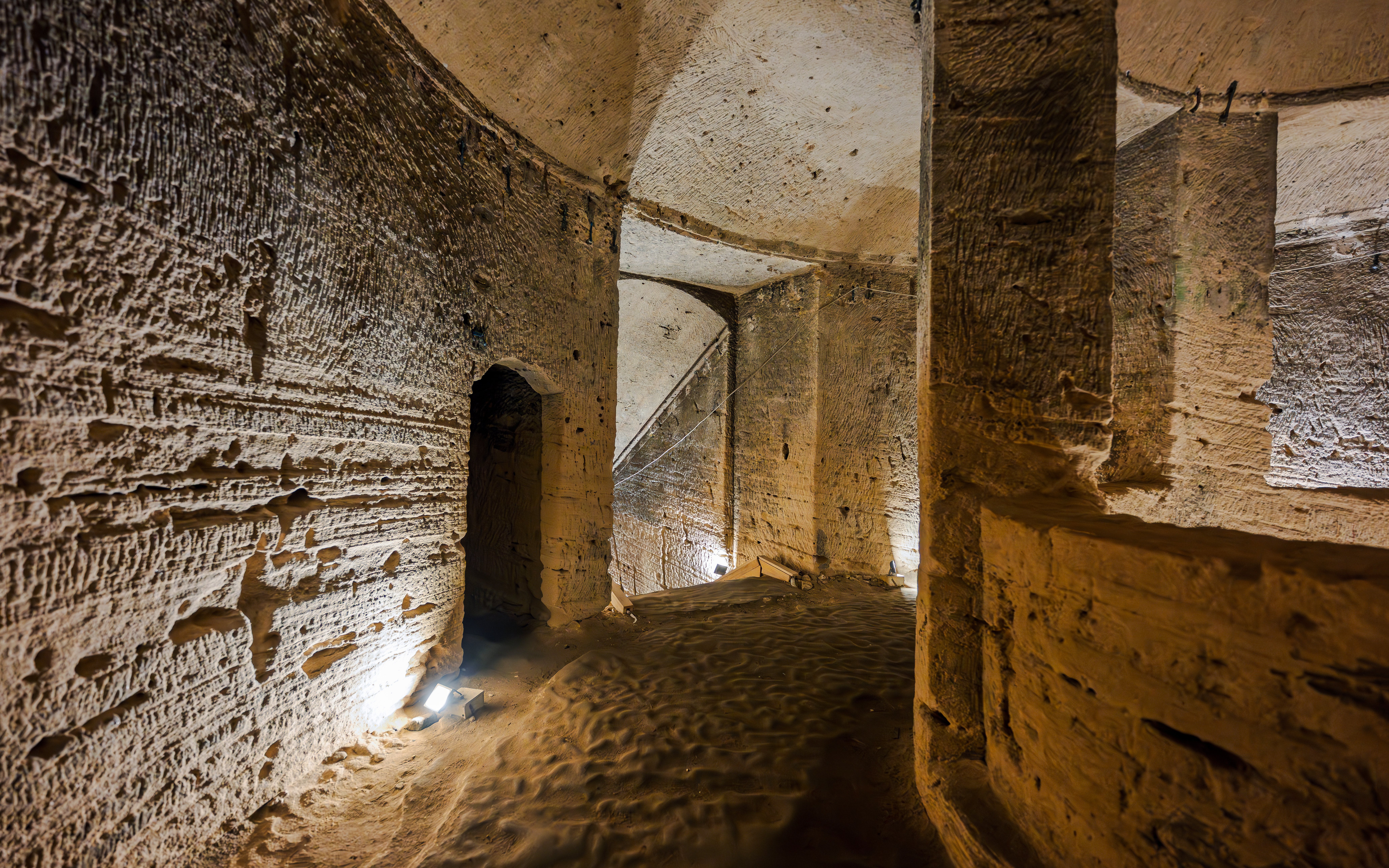 Inside view of ancient stone corridors in the Catacombs of Kom el Shoqafa, Alexandria, Egypt.