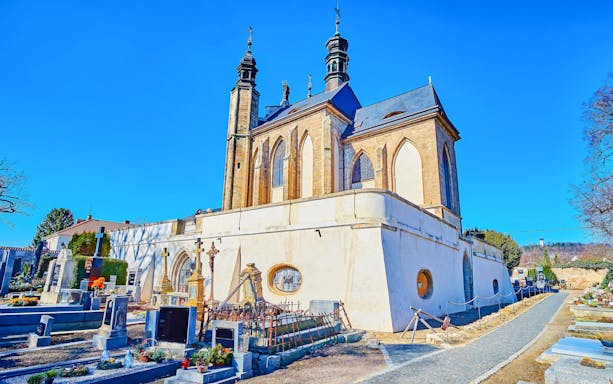 Sedlec Ossuary exterior with cemetery in Kutna Hora, Czech Republic.