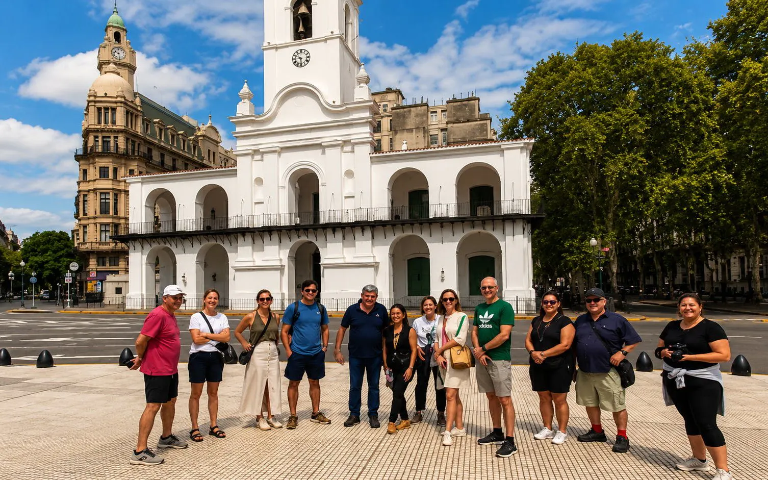 Tourists in front of Cabildo de Buenos Aires on Plaza de Mayo, Argentina.