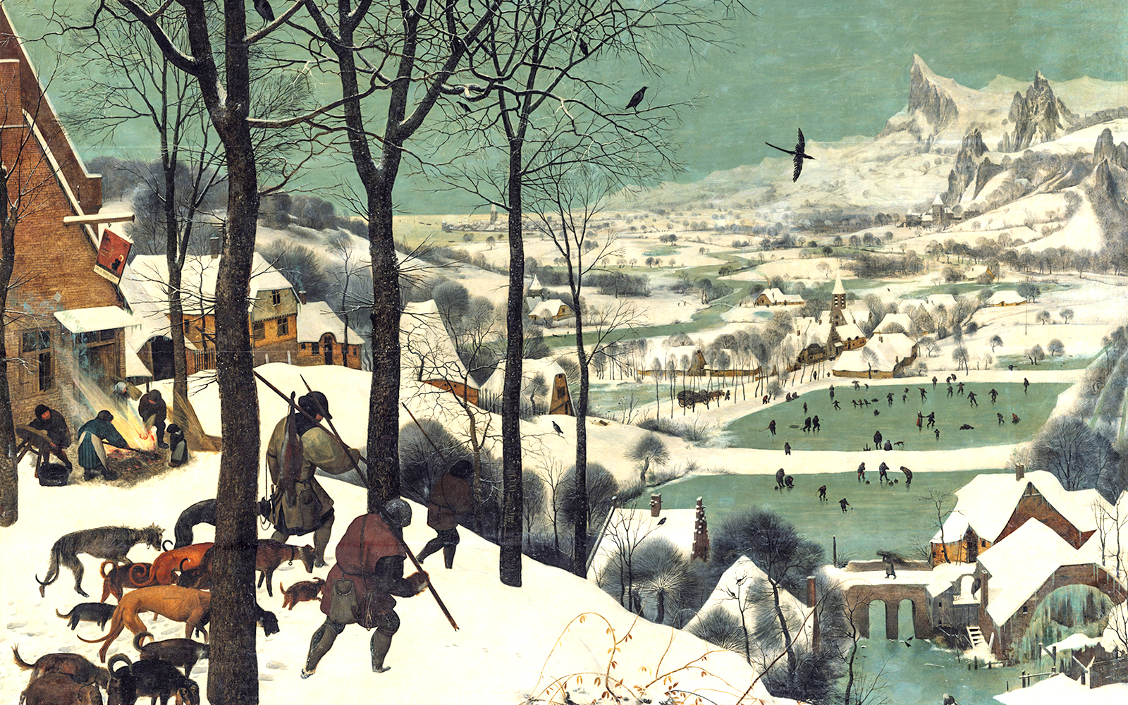 Hunters with dogs in snowy landscape, ice skaters on frozen pond, Kunsthistorisches Museum Vienna.