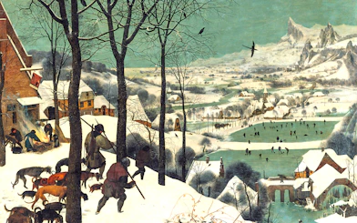 Hunters with dogs in snowy landscape, ice skaters on frozen pond, Kunsthistorisches Museum Vienna.