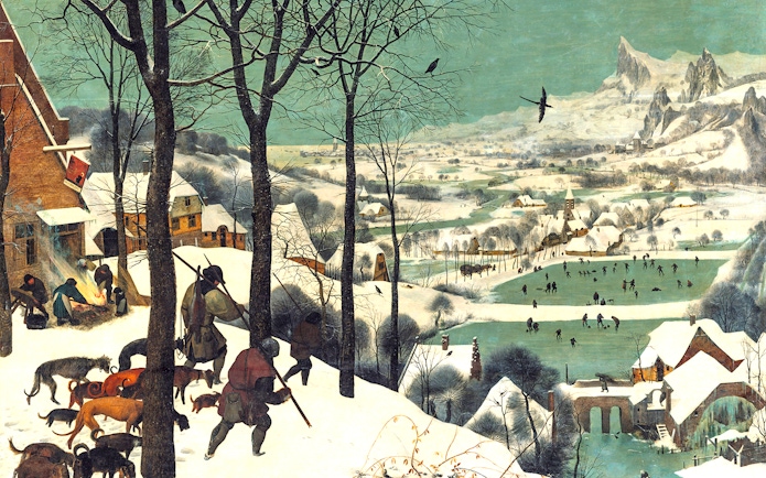 Hunters with dogs in snowy landscape, ice skaters on frozen pond, Kunsthistorisches Museum Vienna.