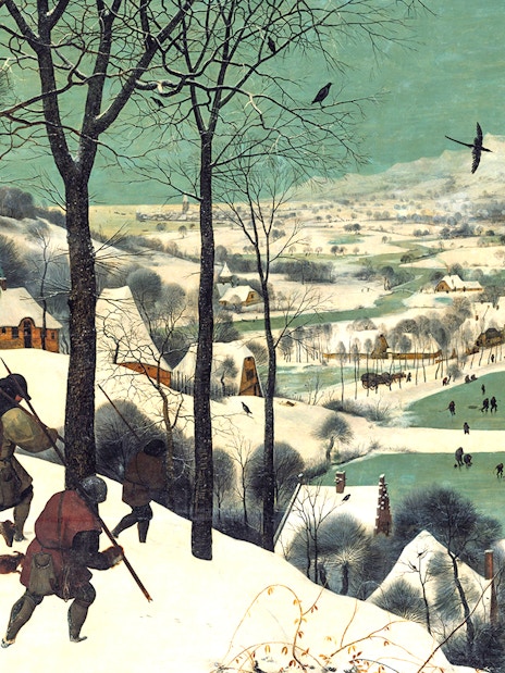 Hunters with dogs in snowy landscape, ice skaters on frozen pond, Kunsthistorisches Museum Vienna.