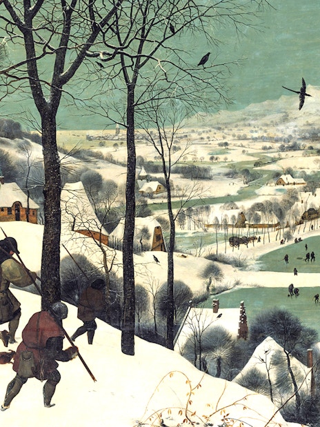 Hunters with dogs in snowy landscape, ice skaters on frozen pond, Kunsthistorisches Museum Vienna.