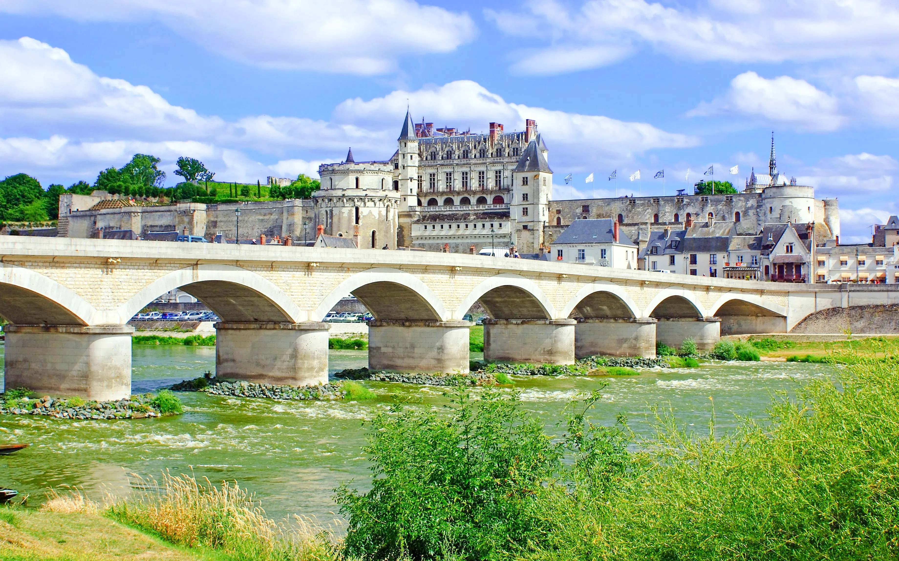 Pont D Amboise spanning the Loire River with Château d'Amboise in the background, France.