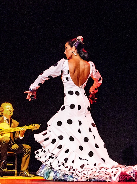 Flamenco dancer performing on stage with musicians during Emociones show.