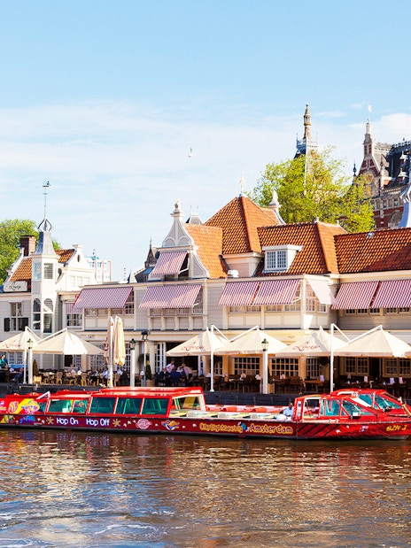 Hop-On Hop-Off boat near Loetje Centraal restaurant in Amsterdam.