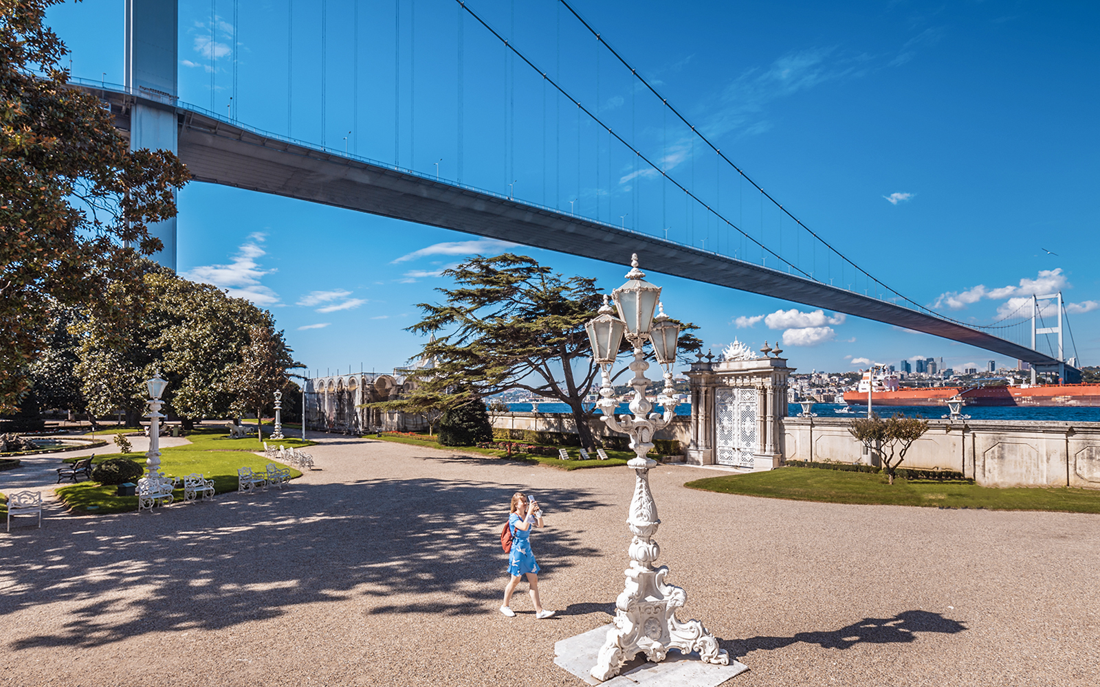 Beylerbeyi Palace garden with Bosphorus Bridge in Istanbul.