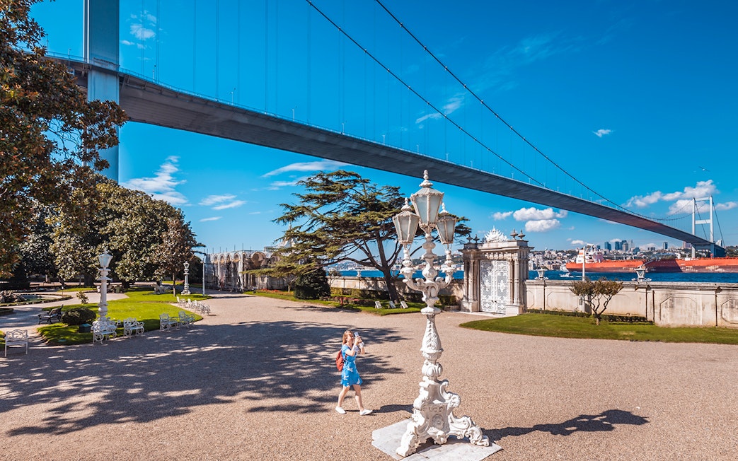 Beylerbeyi Palace garden with Bosphorus Bridge in Istanbul.