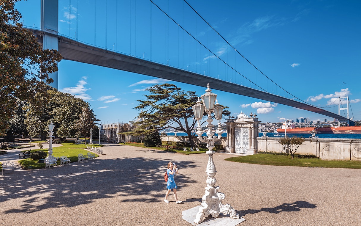 Beylerbeyi Palace garden with Bosphorus Bridge in Istanbul.
