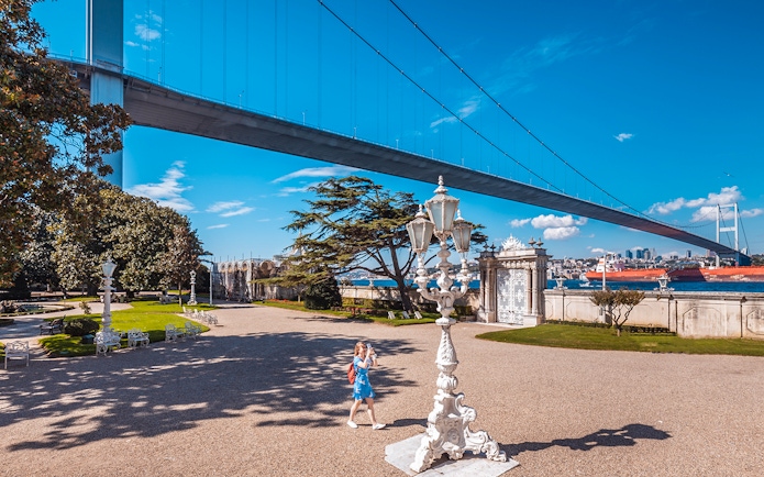 Beylerbeyi Palace garden with Bosphorus Bridge in Istanbul.