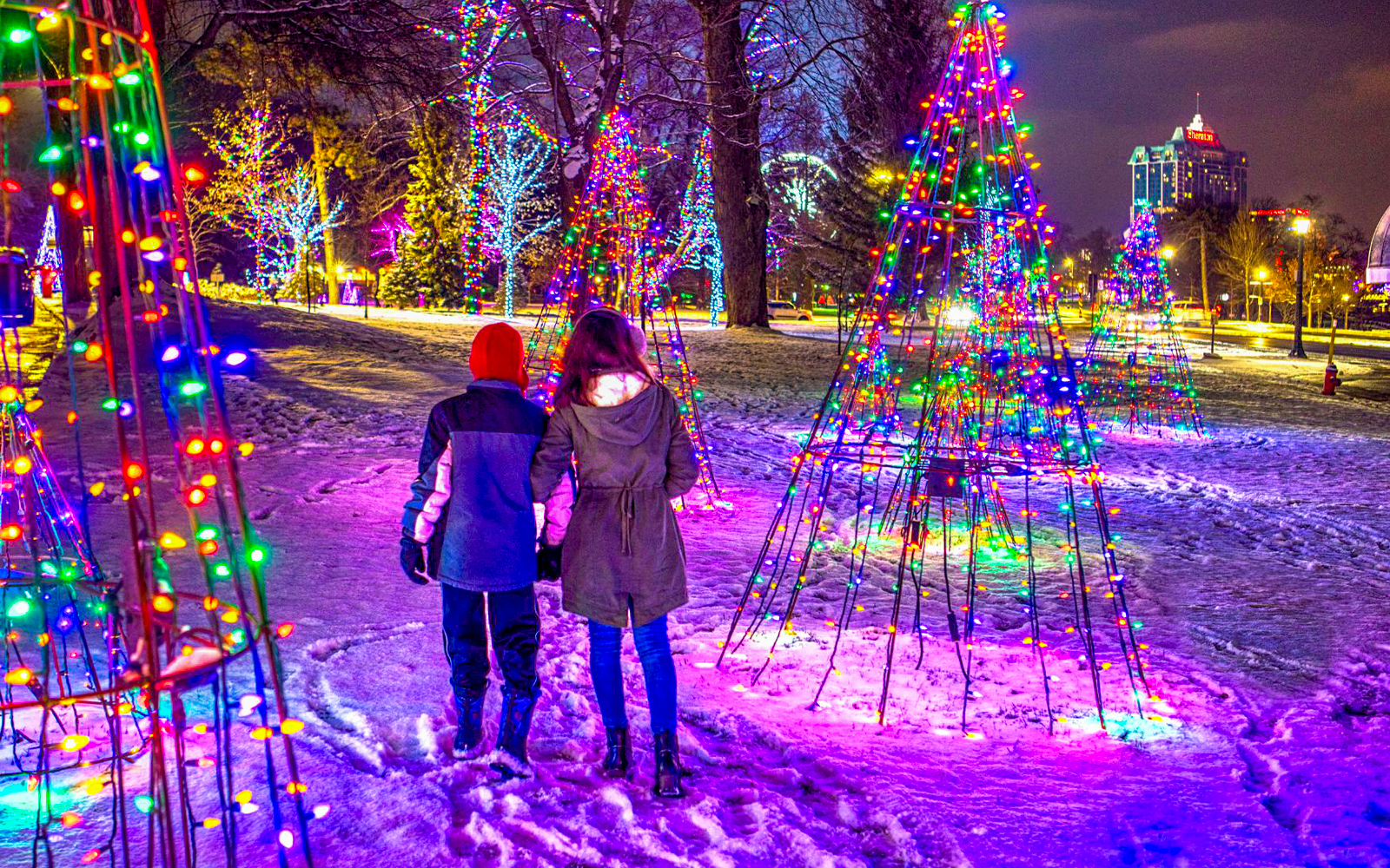 Niagara Falls illuminated at night during the Festival of Lights, view from Journey Behind the Falls tour.