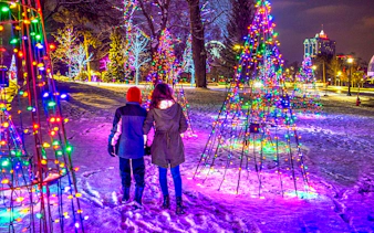Visitors walking through illuminated displays at Niagara Festival of Lights, Canada.