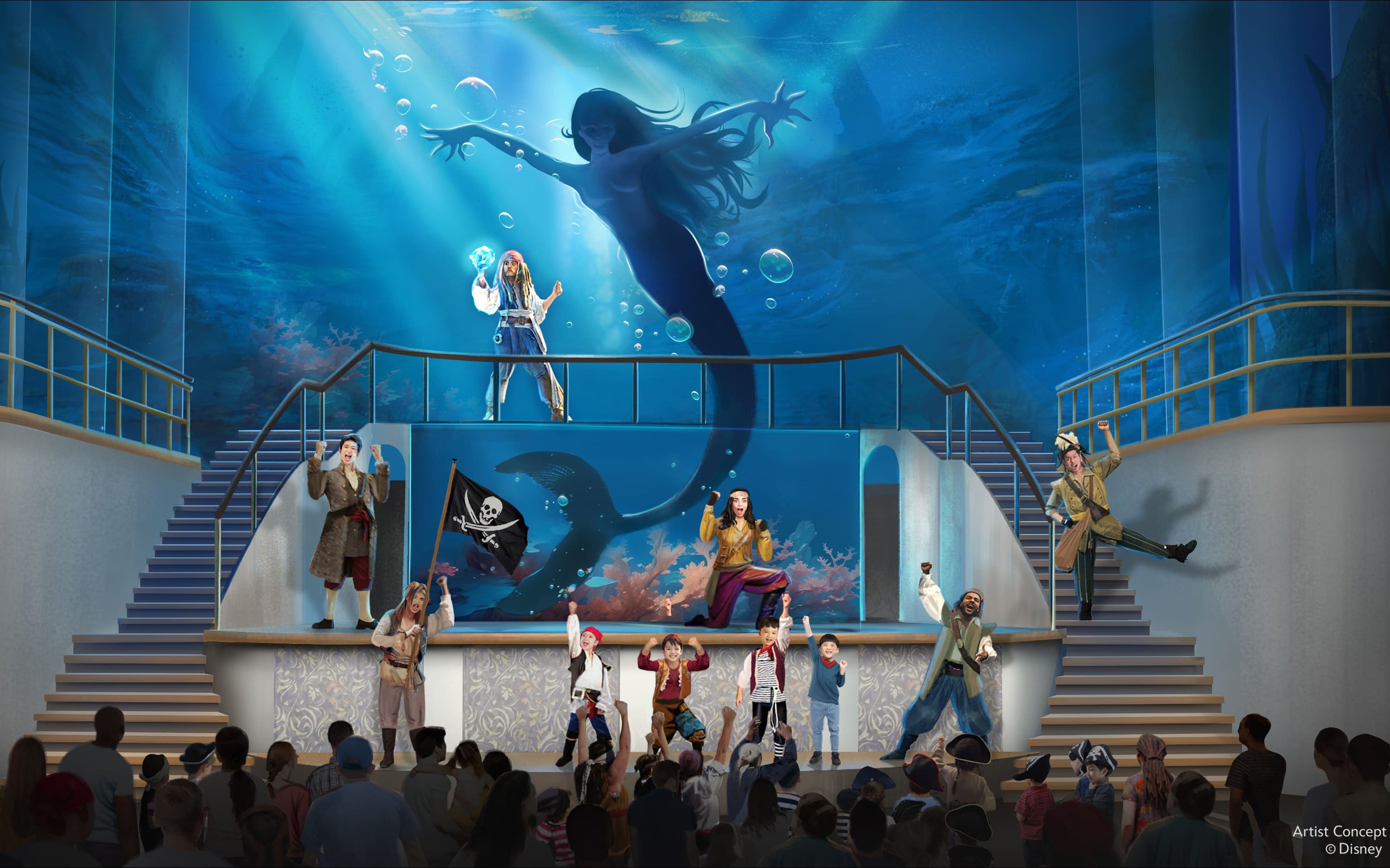 Pirate-themed show with Jack Sparrow and mermaid at Disney Cruise Line.