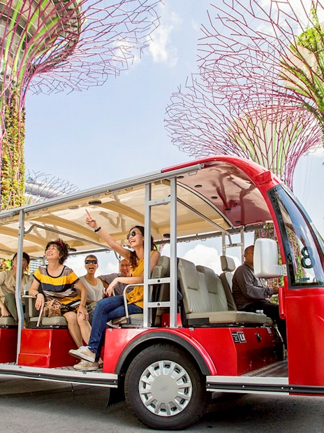 Tourists on a tram tour at Gardens by the Bay, Singapore, with Supertree Grove in view.