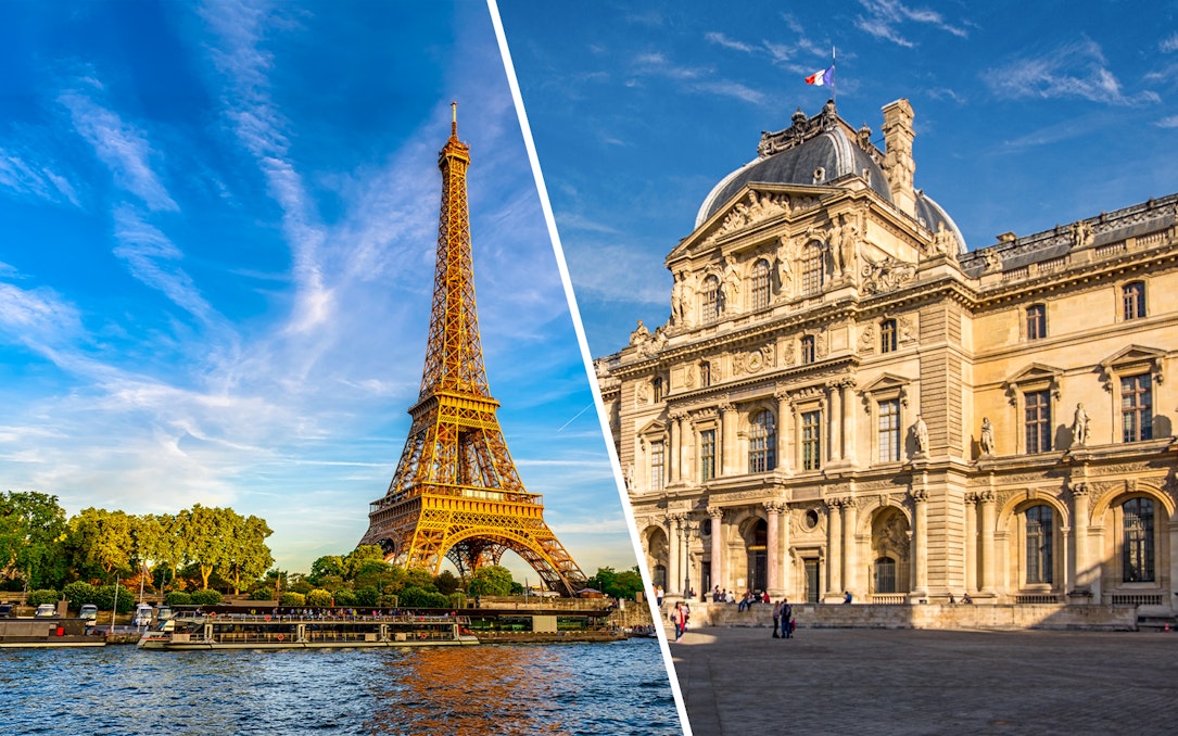 Eiffel Tower and Louvre Museum in Paris, France, featured in a combo tour package.
