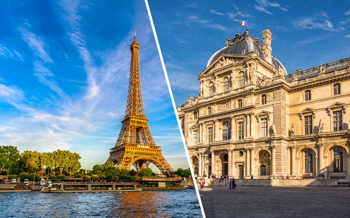 Eiffel Tower and Louvre Museum in Paris, France, featured in a combo tour package.
