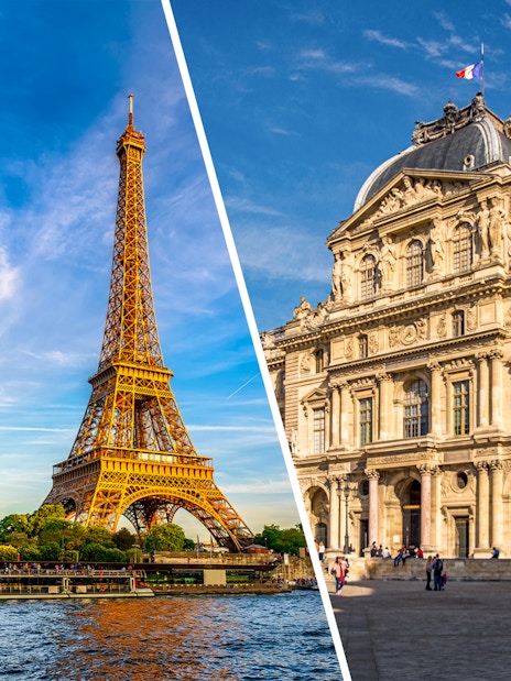 Eiffel Tower and Louvre Museum in Paris, France, featured in a combo tour package.