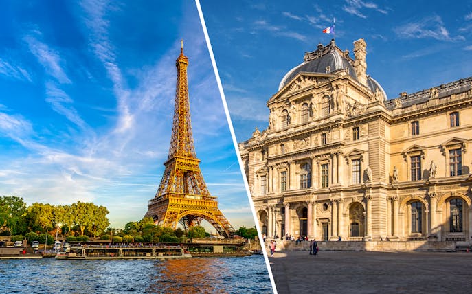 Eiffel Tower and Louvre Museum in Paris, France, featured in a combo tour package.
