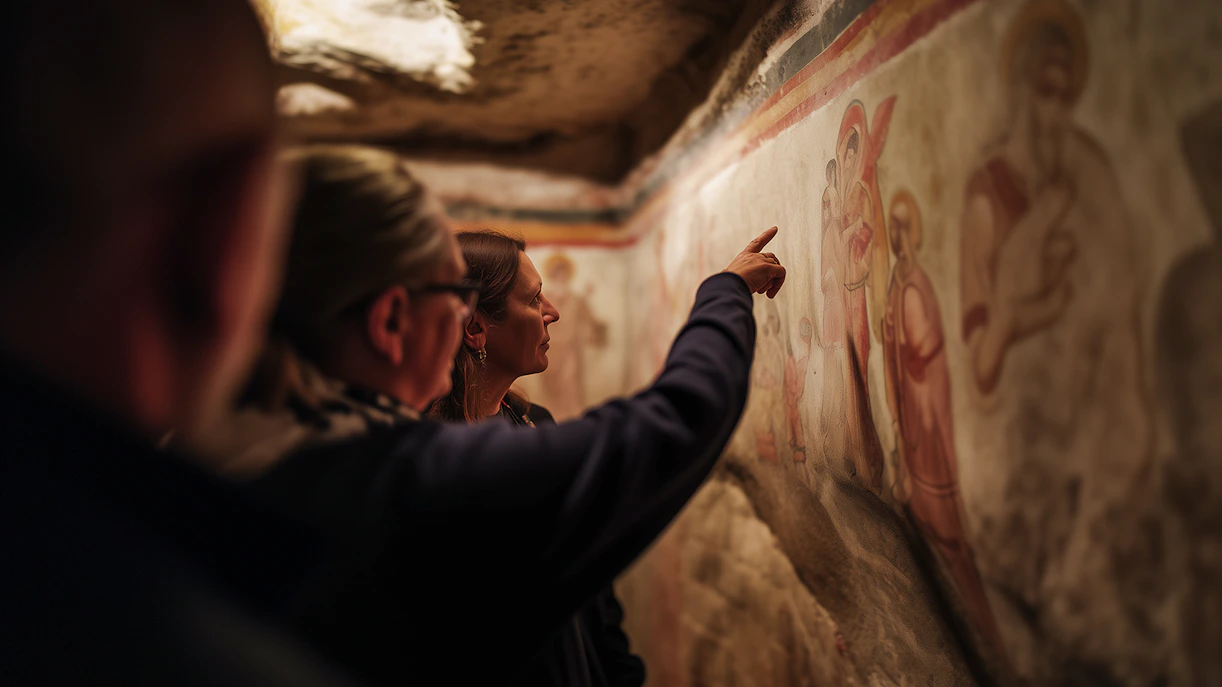 Visitors examining frescoes in the Roman Catacombs during a guided tour.