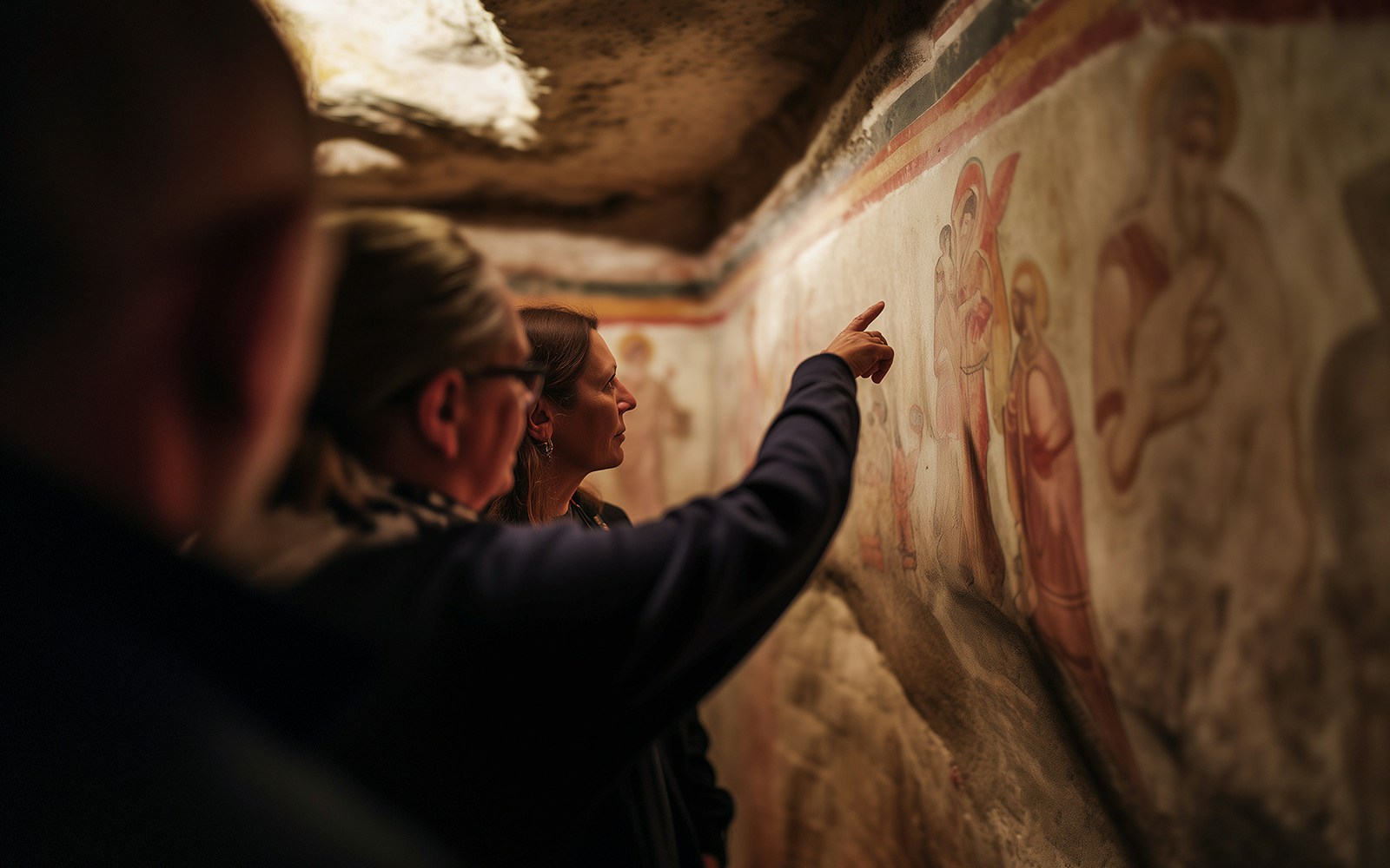 Visitors examining frescoes in the Roman Catacombs during a guided tour.
