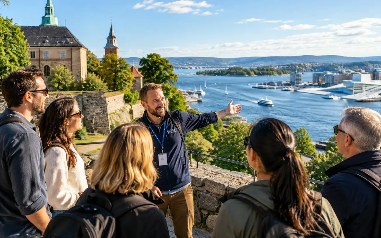 Tour guide with group overlooking Oslo fjord and Akershus Fortress.