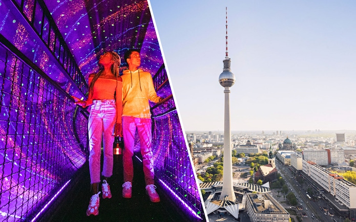 Illuseum Berlin light tunnel and Berlin TV Tower view.