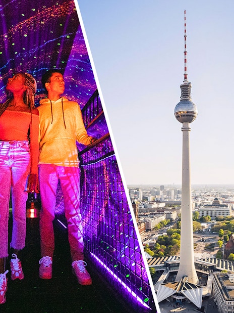 Illuseum Berlin light tunnel and Berlin TV Tower view.