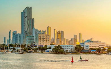 Bocagrande skyline with high-rise buildings at sunset in Cartagena, Colombia.