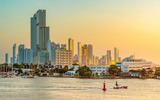 Bocagrande skyline with high-rise buildings at sunset in Cartagena, Colombia.