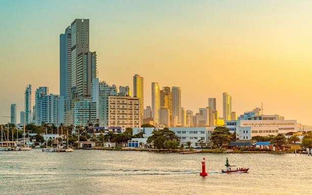 Bocagrande skyline with high-rise buildings at sunset in Cartagena, Colombia.