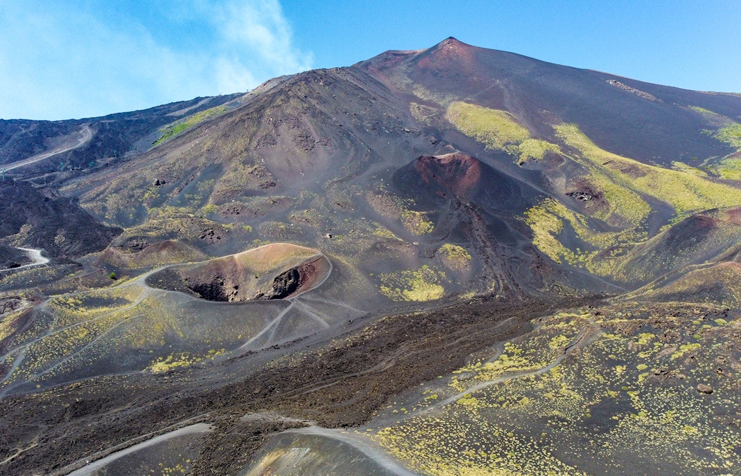 Aerial view of Mount Etna during a helicopter flight tour in Taormina, Sicily.